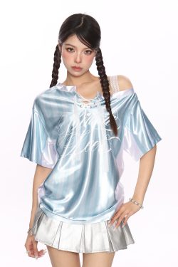 Lace Spliced Striped Asymmetrical Shoulder Sleeveless T-Shirt for Women - Summer Slim Fit Sporty Top, Trendy Y2K Style