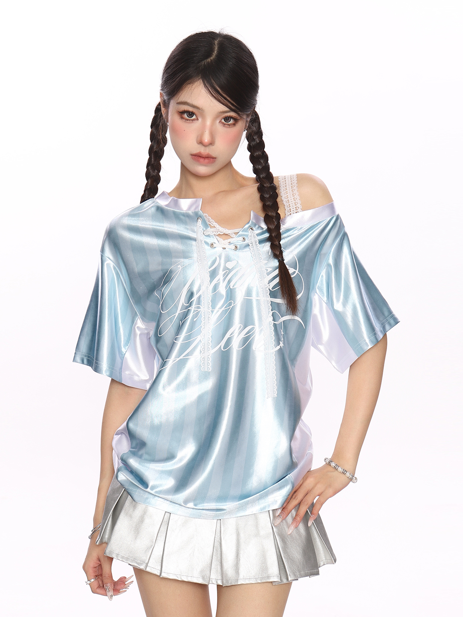 Lace Spliced Striped Asymmetrical Shoulder Sleeveless T-Shirt for Women - Summer Slim Fit Sporty Top, Trendy Y2K Style Lace Spliced Striped Asymmetrical Shoulder Sleeveless T-Shirt for Women - Summer Slim Fit Sporty Top, Trendy Y2K Style