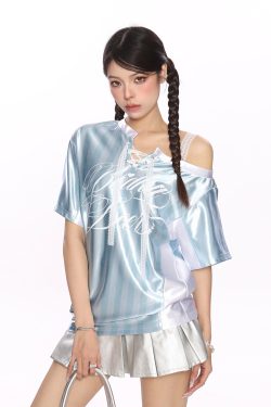 Lace Spliced Striped Asymmetrical Shoulder Sleeveless T-Shirt for Women - Summer Slim Fit Sporty Top, Trendy Y2K Style