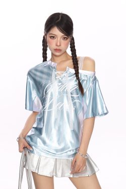 Lace Spliced Striped Asymmetrical Shoulder Sleeveless T-Shirt for Women - Summer Slim Fit Sporty Top, Trendy Y2K Style