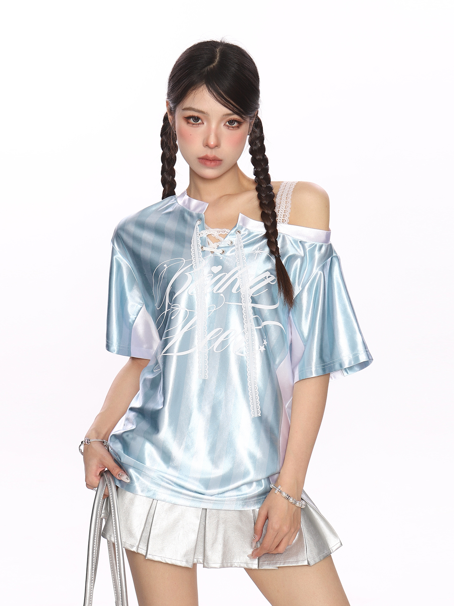 Lace Spliced Striped Asymmetrical Shoulder Sleeveless T-Shirt for Women - Summer Slim Fit Sporty Top, Trendy Y2K Style Lace Spliced Striped Asymmetrical Shoulder Sleeveless T-Shirt for Women - Summer Slim Fit Sporty Top, Trendy Y2K Style