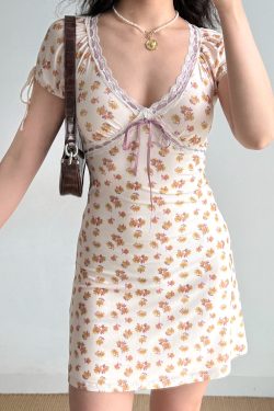 Lace Splicing Tie-Dye Short Sleeve Dress for Women - Summer V-Neck Mini Dress in European American Style, Trendy Y2K Fashion