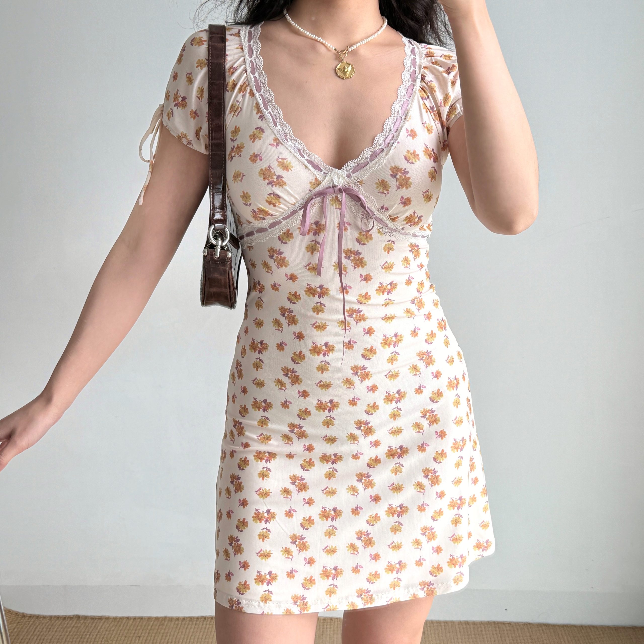 Lace Splicing Tie-Dye Short Sleeve Dress for Women - Summer V-Neck Mini Dress in European American Style, Trendy Y2K Fashion Lace Splicing Tie-Dye Short Sleeve Dress for Women - Summer V-Neck Mini Dress in European American Style, Trendy Y2K Fashion