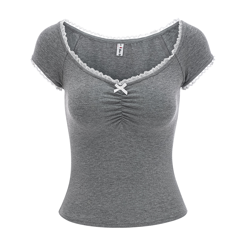Lace Trim Solid Color U-neck Short Sleeve T-shirt for Women - Slim Fit Casual Top in European American Style, Perfect for Y2K Fashion Lace Trim Solid Color U-neck Short Sleeve T-shirt for Women - Slim Fit Casual Top in European American Style, Perfect for Y2K Fashion