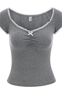 Lace Trim Solid Color U-Neck Short Sleeve T-Shirt for Women - Slim Fit European and American Style, Perfect for Casual 90s Looks