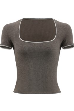 Lace Trim Square Collar Short Sleeve T-Shirt for Women - Slim Fit, Flattering, Sexy Cropped Top in Pure Desire Style