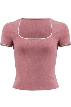 Lace Trim Square Collar Short Sleeve T-Shirt for Women - Slim Fit, Flattering, Sexy Cropped Top in Pure Desire Style