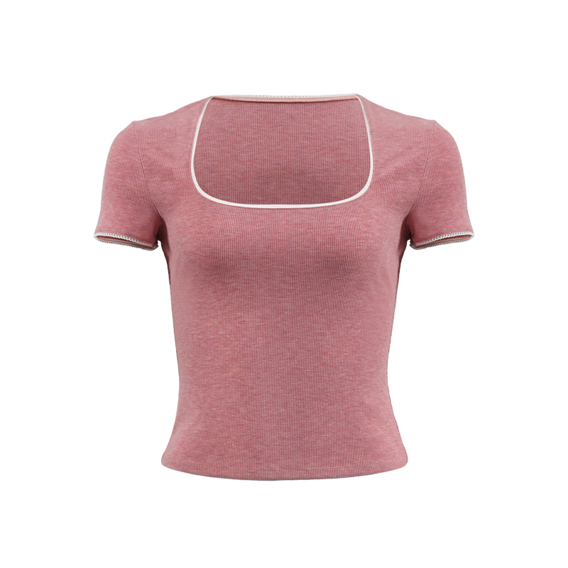 Lace Trim Square Collar Short Sleeve T-Shirt for Women - Slim Fit, Flattering, Sexy Cropped Top in Pure Desire Style Lace Trim Square Collar Short Sleeve T-Shirt for Women - Slim Fit, Flattering, Sexy Cropped Top in Pure Desire Style