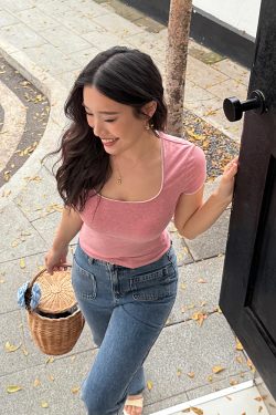 Lace Trim Square Collar Short Sleeve T-Shirt for Women - Slim Fit, Flattering, Sexy Cropped Top in Pure Desire Style