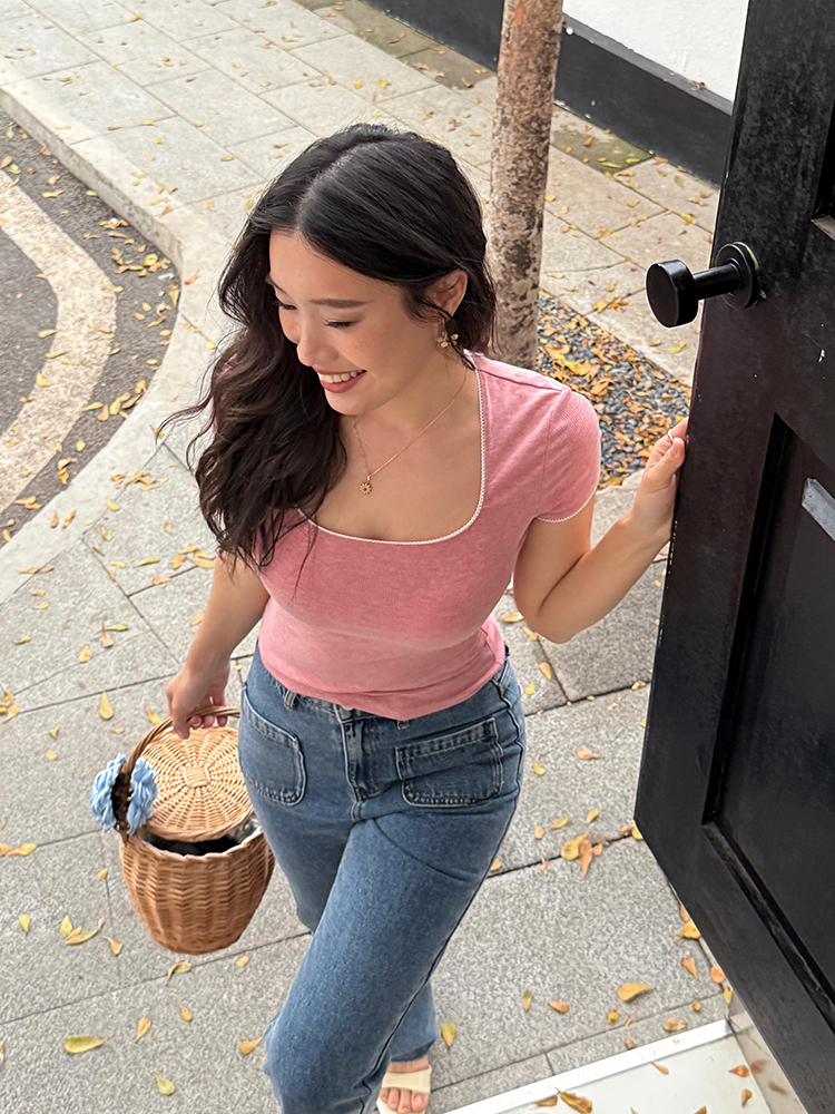 Lace Trim Square Collar Short Sleeve T-Shirt for Women - Slim Fit, Flattering, Sexy Cropped Top in Pure Desire Style Lace Trim Square Collar Short Sleeve T-Shirt for Women - Slim Fit, Flattering, Sexy Cropped Top in Pure Desire Style