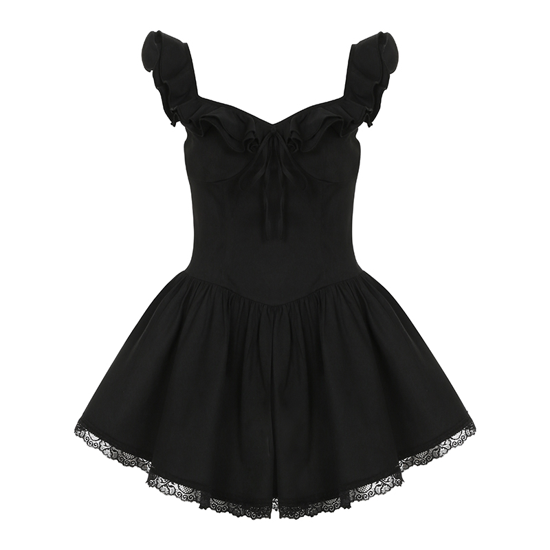 Lace-Trimmed Low-Neck Little Black Dress with A-Line Silhouette and Pleated Skirt - Elegant Hepburn Style for Effortless Chic Lace-Trimmed Low-Neck Little Black Dress with A-Line Silhouette and Pleated Skirt - Elegant Hepburn Style for Effortless Chic