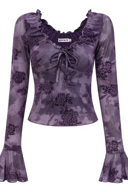 Lace-Trimmed Tie-Dye Velvet T-Shirt for Women - Slim-Fit Bell Sleeve Top in Purple, European and American Style, Y2K Fashion