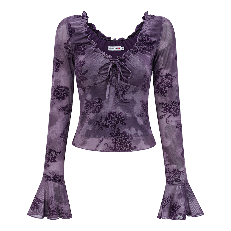 Lace-Trimmed Tie-Dye Velvet T-Shirt for Women - Slim-Fit Bell Sleeve Top in Purple, European and American Style, Y2K Fashion Lace-Trimmed Tie-Dye Velvet T-Shirt for Women - Slim-Fit Bell Sleeve Top in Purple, European and American Style, Y2K Fashion