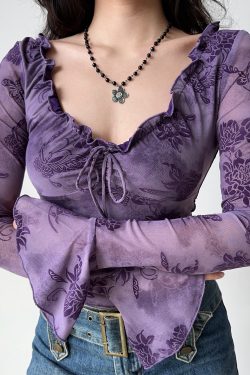 Lace-Trimmed Tie-Up Velvet T-Shirt for Women, Fitted Purple Top with Bell Sleeves, European American Style, Y2K Fashion