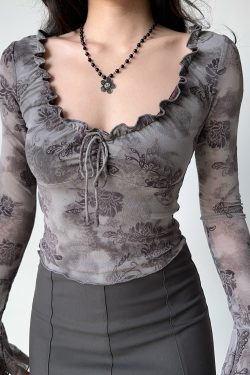 Lace-Trimmed Tie-Up Velvet T-Shirt for Women, Fitted Purple Top with Bell Sleeves, European American Style, Y2K Fashion