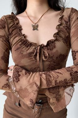 Lace-Trimmed Tie-Up Velvet T-Shirt for Women, Fitted Purple Top with Bell Sleeves, European American Style, Y2K Fashion