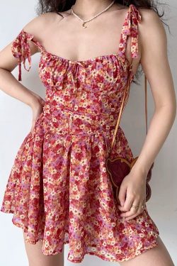 Lace-Up Floral Slip Dress for Women - Retro Country Style with Waist-Cinching A-Line Short Skirt - 90s Inspired Fashion