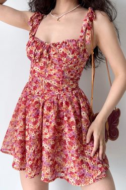 Lace-Up Floral Slip Dress for Women - Retro Country Style with Waist-Cinching A-Line Short Skirt - 90s Inspired Fashion