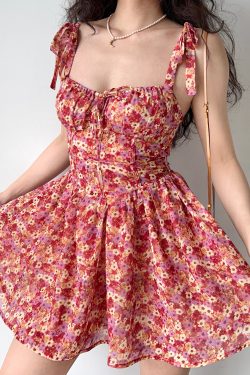 Lace-Up Floral Slip Dress for Women - Retro Country Style with Waist-Cinching A-Line Short Skirt - 90s Inspired Fashion