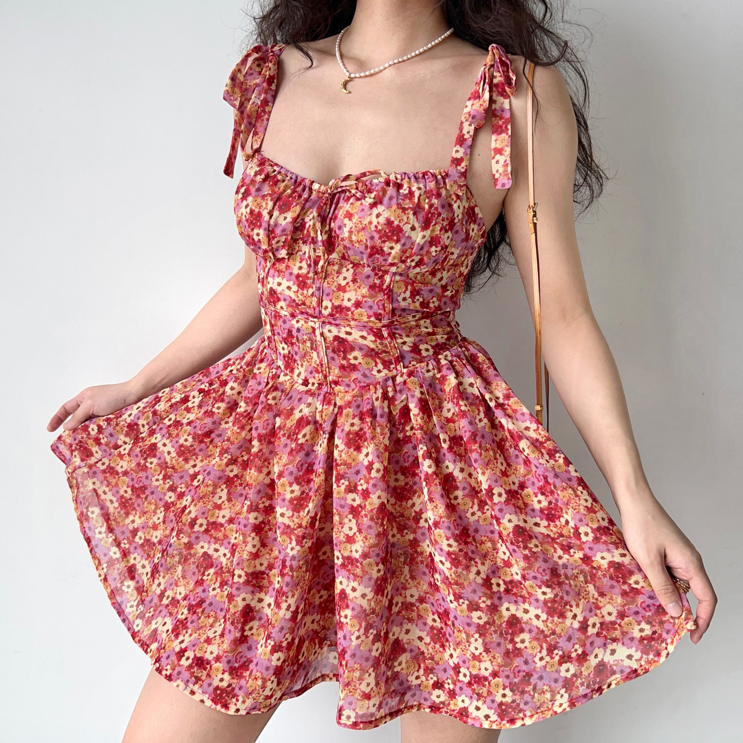 Lace-Up Floral Slip Dress for Women - Retro Country Style with Waist-Cinching A-Line Short Skirt - 90s Inspired Fashion Lace-Up Floral Slip Dress for Women - Retro Country Style with Waist-Cinching A-Line Short Skirt - 90s Inspired Fashion