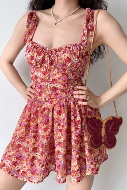Lace-Up Floral Slip Dress for Women - Retro Country Style with Waist-Cinching A-Line Short Skirt - 90s Inspired Fashion