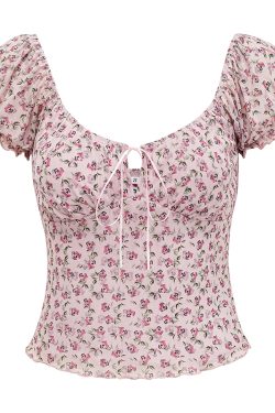 Lace-Up Hollow Floral Puff Sleeve T-Shirt for Women - European American Style Slim Fit Short Sleeve Top, Perfect for 90s Y2K Fashion