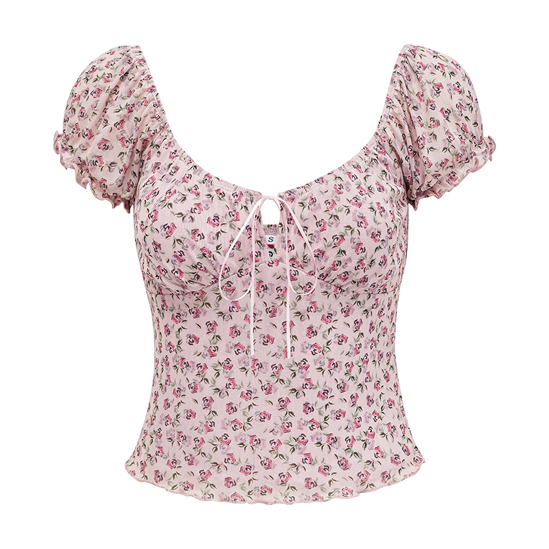 Lace-Up Hollow Floral Puff Sleeve T-Shirt for Women - Slim Fit European American Style Top, Perfect for Casual Outings and 90s Fashion Lace-Up Hollow Floral Puff Sleeve T-Shirt for Women - Slim Fit European American Style Top, Perfect for Casual Outings and 90s Fashion