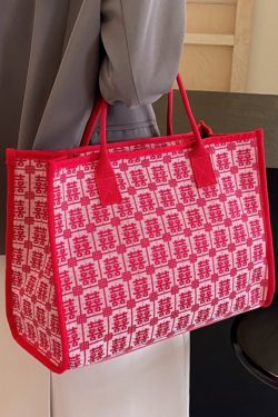 Large Capacity Canvas Bride Tote Bag for Weddings - Joy Character Design, Red Shoulder Bag, 2025 New Style