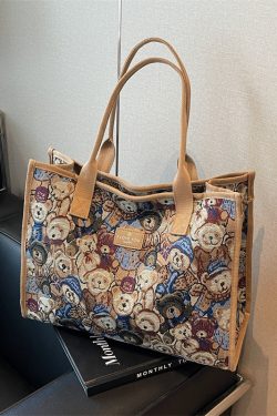 Large Capacity Cartoon Bear Canvas Tote Bag for Women - Stylish Commuting and Shopping Shoulder Bag for Short Trips