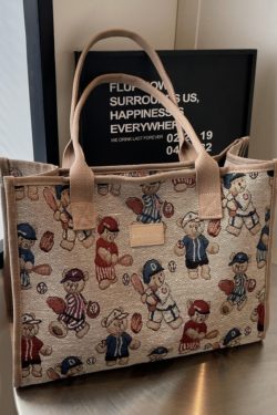 Large Capacity Cartoon Bear Canvas Tote Bag for Women - Stylish Commuting and Shopping Shoulder Bag for Short Trips