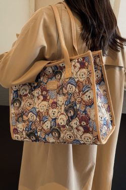 Large Capacity Cartoon Bear Canvas Tote Bag for Women - Stylish Commuting and Shopping Shoulder Bag for Short Trips
