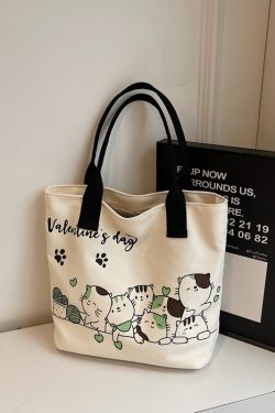 Large Capacity Cartoon Cat Canvas Tote Bag for Women, Versatile Student Shoulder Bag, Ideal Commuter Bag