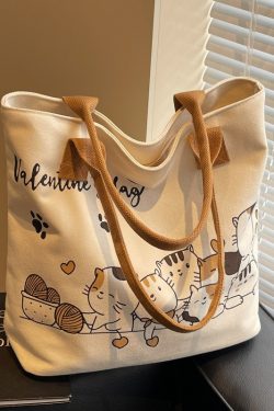 Large Capacity Cartoon Cat Canvas Tote Bag for Women, Versatile Student Shoulder Bag, Ideal Commuter Bag