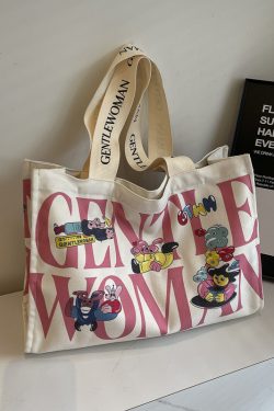 Large Capacity Cartoon Print Canvas Tote Bag for Women - Stylish Short Trip & Shopping Shoulder Bag