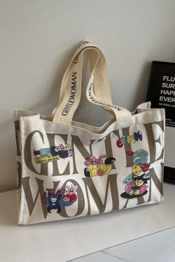 Large Capacity Cartoon Print Canvas Tote Bag for Women - Stylish Short Trip & Shopping Shoulder Bag