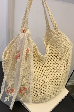 Large Capacity Cotton Yarn Hollow Woven Underarm Bag for Women - Stylish Beach Vacation Shoulder Tote
