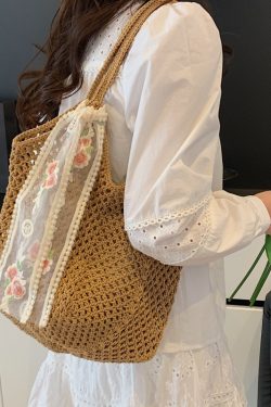 Large Capacity Cotton Yarn Hollow Woven Underarm Bag for Women - Stylish Beach Vacation Shoulder Tote