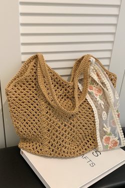 Large Capacity Cotton Yarn Hollow Woven Underarm Bag for Women - Stylish Beach Vacation Shoulder Tote