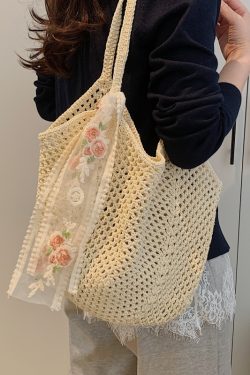 Large Capacity Cotton Yarn Hollow Woven Underarm Bag for Women - Stylish Beach Vacation Shoulder Tote