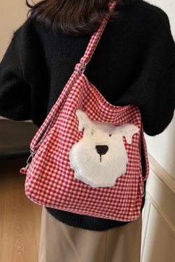 Large Capacity Dog Checkered Canvas Crossbody Tote Bag for Women - Stylish Commuter Backpack 2025 New Trend