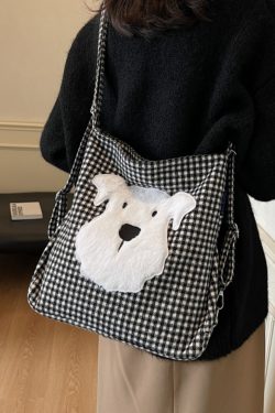 Large Capacity Dog Checkered Canvas Crossbody Tote Bag for Women - Stylish Commuter Backpack 2025 New Trend