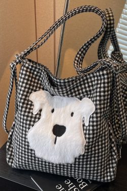 Large Capacity Dog Checkered Canvas Crossbody Tote Bag for Women - Stylish Commuter Backpack 2025 New Trend