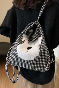 Large Capacity Dog Checkered Canvas Crossbody Tote Bag for Women - Stylish Commuter Backpack 2025 New Trend