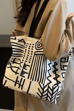 Large Capacity Graffiti Canvas Tote Bag for Women - Japanese Style Shopping Bag for Students and Commuting