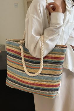 Large Capacity Rainbow Woven Straw Tote Bag for Women - Stylish Beach Vacation Shoulder Bag for Travel and Commuting