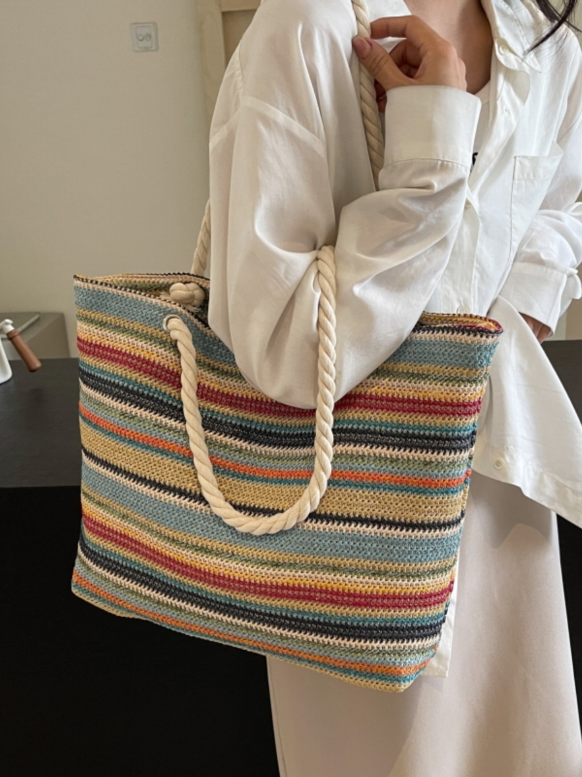 Large Capacity Rainbow Woven Straw Tote Bag for Women - Stylish Beach Vacation Shoulder Bag for Travel and Commuting Large Capacity Rainbow Woven Straw Tote Bag for Women - Stylish Beach Vacation Shoulder Bag for Travel and Commuting