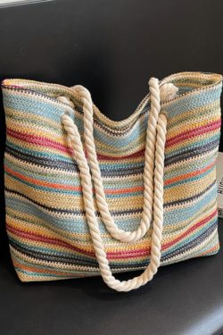 Large Capacity Rainbow Woven Straw Tote Bag for Women - Stylish Beach Vacation Shoulder Bag for Travel and Commuting