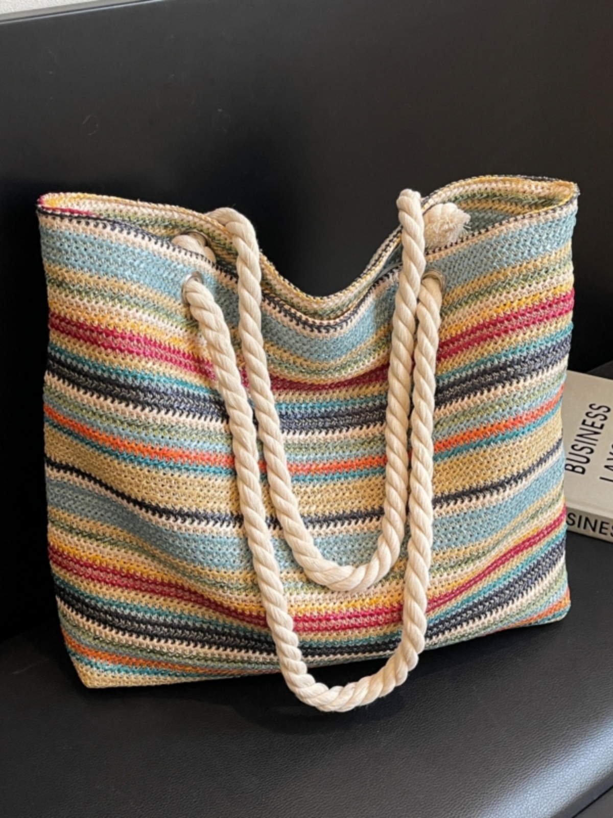 Large Capacity Rainbow Woven Straw Tote Bag for Women - Stylish Beach Vacation Shoulder Bag for Travel and Commuting Large Capacity Rainbow Woven Straw Tote Bag for Women - Stylish Beach Vacation Shoulder Bag for Travel and Commuting