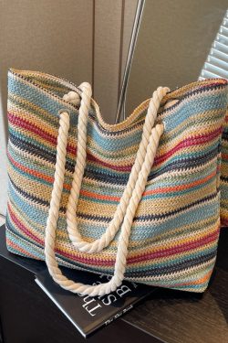 Large Capacity Rainbow Woven Straw Tote Bag for Women - Stylish Beach Vacation Shoulder Bag for Travel and Commuting