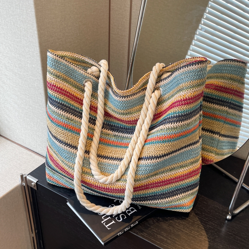 Large Capacity Rainbow Woven Straw Tote Bag for Women - Stylish Beach Vacation Shoulder Bag for Travel and Commuting Large Capacity Rainbow Woven Straw Tote Bag for Women - Stylish Beach Vacation Shoulder Bag for Travel and Commuting
